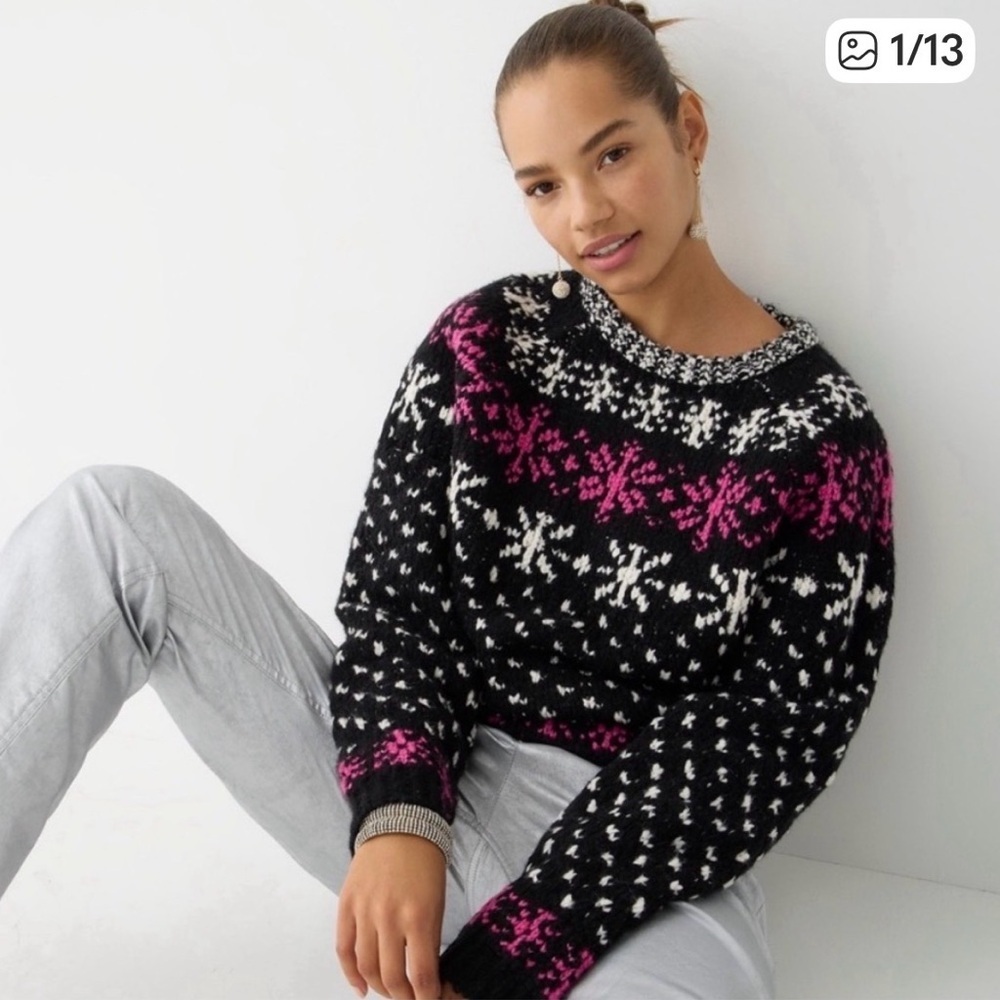 J. Crew women’s Jacquard Snowflake Pullover Sweater chunky knit size L Cabincore